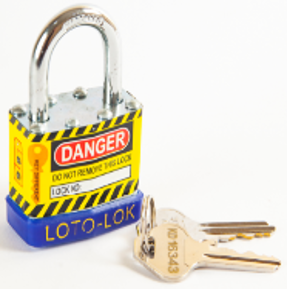 Laminated Steel Safety Lockout Padlock, Steel Body, REGULAR Shackle, with BLUE color Bumper. 2PTPSBKDS24