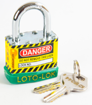 Laminated Steel Safety Lockout Padlock, Steel Body, REGULAR Shackle, with GREEN color Bumper. 2PTPSGKDS24