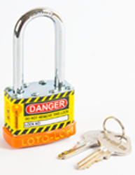 Laminated Steel Safety Lockout Padlock, Steel Body, REGULAR Shackle, with ORANGE color Bumper. 2PTPSOKDL47