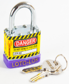 Laminated Steel Safety Lockout Padlock, Steel Body, REGULAR Shackle, with PURPLE color Bumper. 2PTPSPKDS24