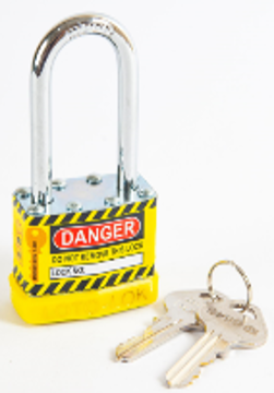 Laminated Steel Safety Lockout Padlock, Steel Body, REGULAR Shackle, with YELLOW color Bumper. 2PTPSYKDL47