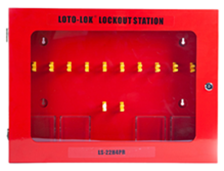 Lockout Station - Heavy duty Steel & powder coated Red color with clear Acrylic Fascia. 
20 Padlocks + 2 Hasps + 4 Tag Pockets capacity. LS-22H4PR