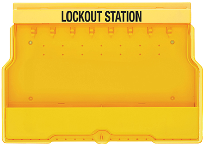 Lockout Station - Polycarbonate w/cover.
8 Padlock Hooks + bottom shelf to store Lockout / Tagout products LS-MST08P-EB