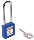 SAFETY LOCKOUT PADLOCK. Chrome Plated Steel LONG Shackle. Color: BLUE.  PD-LQBLKDS76