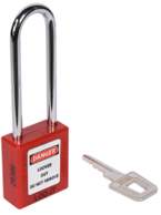 SAFETY LOCKOUT PADLOCK. Chrome Plated Steel LONG Shackle. Color: RED.  PD-LQRDKDS76