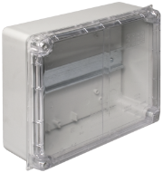 Sealed Junction box with transparent lid and DIN rail 220x170x80 Internal dimensions. IP65 IK07. ¼ turn screw.
DIN rail 35 mm. - 6886G